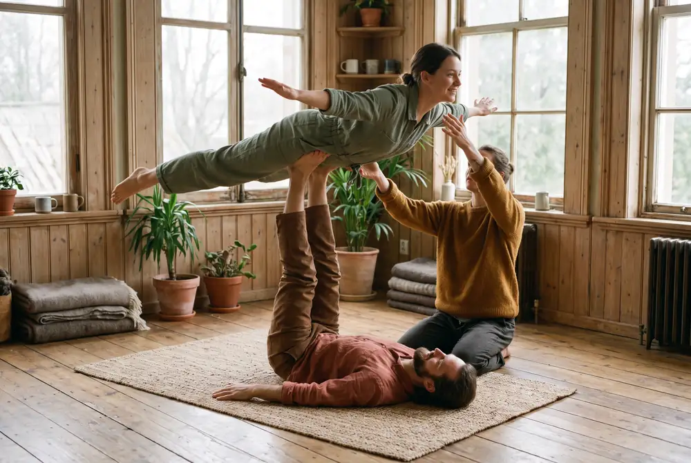 Akroyoga in einem hellen Holzraum: ein Mann liegt auf dem Rücken und trägt eine Frau auf den Füßen, ein dritter Mensch sichert