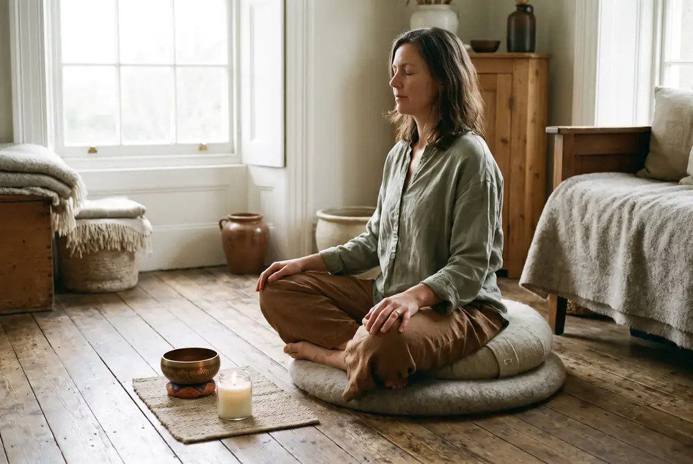 Eine Frau sitzt mit geschlossenen Augen auf einem Meditationskissen am Fenster, neben ihr eine Klangschale und eine Kerze